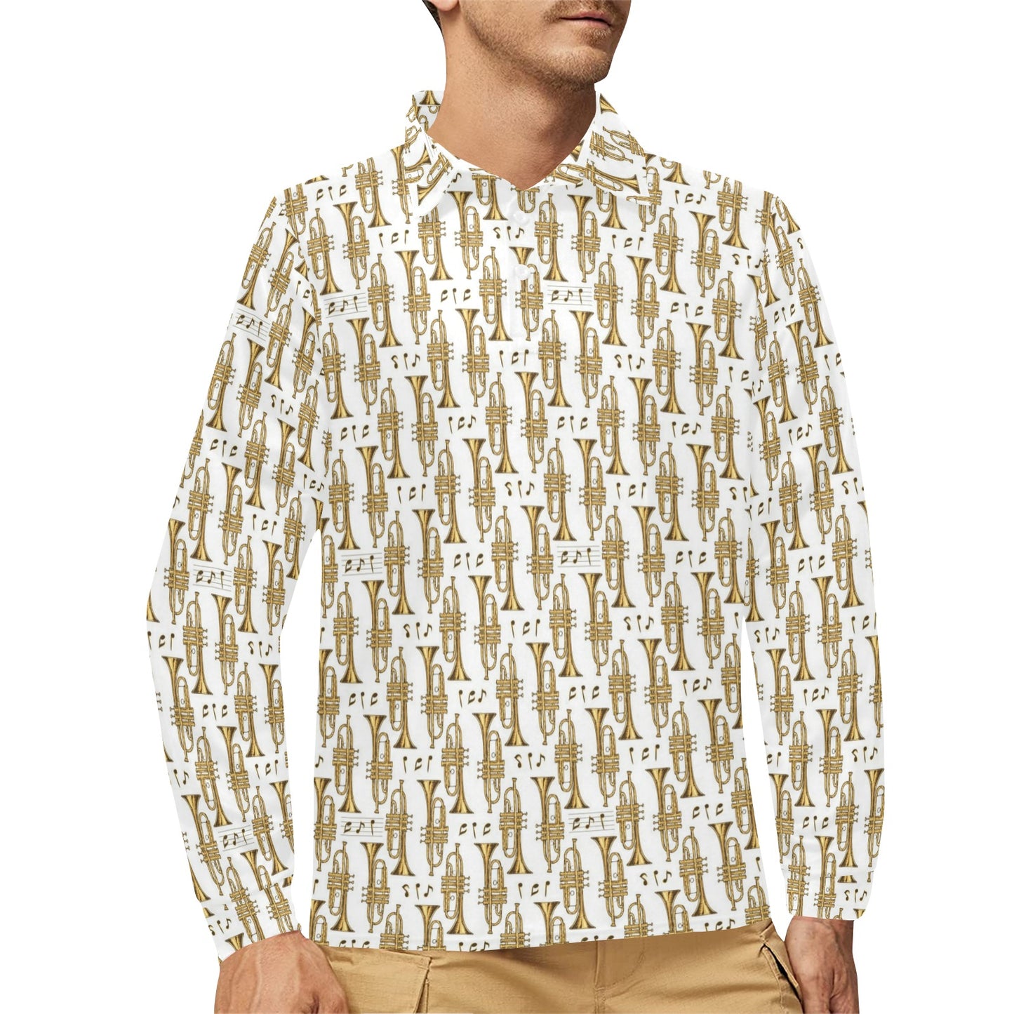 Trumpet with Music Note Print Long Sleeve Polo Shirt For Men's