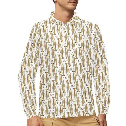 Trumpet with Music Note Print Long Sleeve Polo Shirt For Men's
