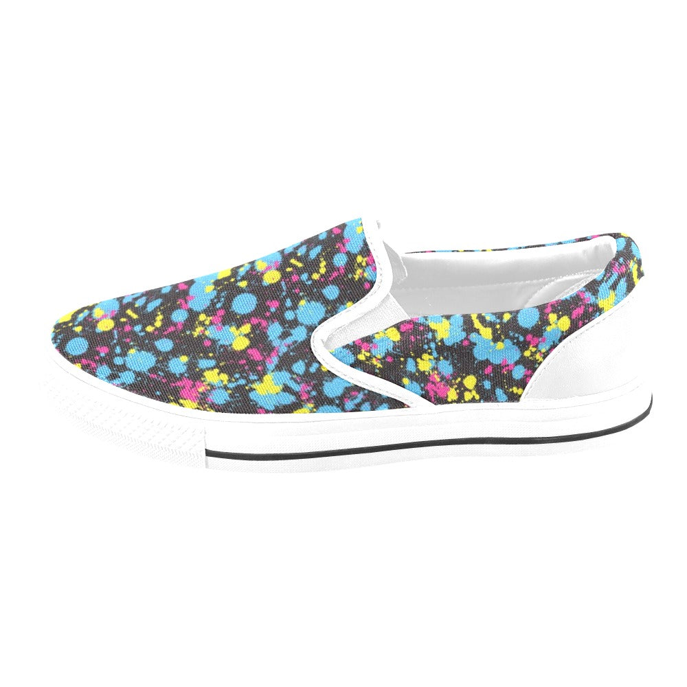 Splatter Colorful Print Design LKS301 White Slip Ons Canvas Women's Shoes