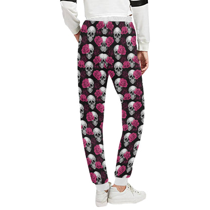 Pink Rose Skull Themed Print Unisex Sweatpants