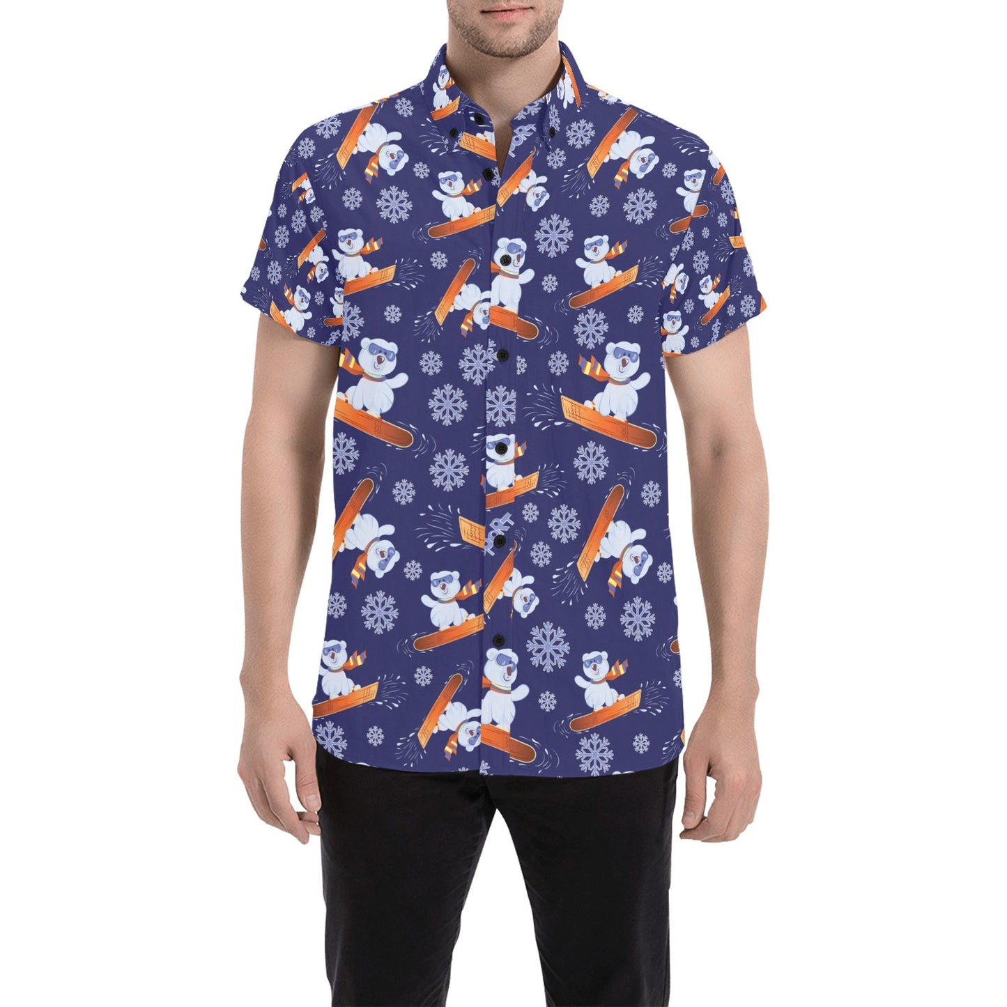 Snowboard Bear Print Design LKS305 Men Short Sleeve Button Up Shirt