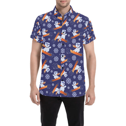 Snowboard Bear Print Design LKS305 Men Short Sleeve Button Up Shirt