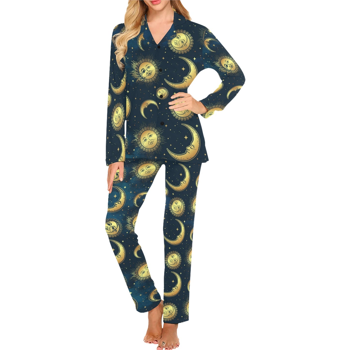Gold Sun Moon Face Women's Long Pajama Set