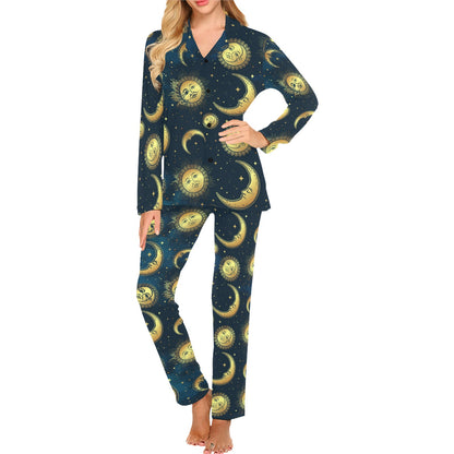 Gold Sun Moon Face Women's Long Pajama Set