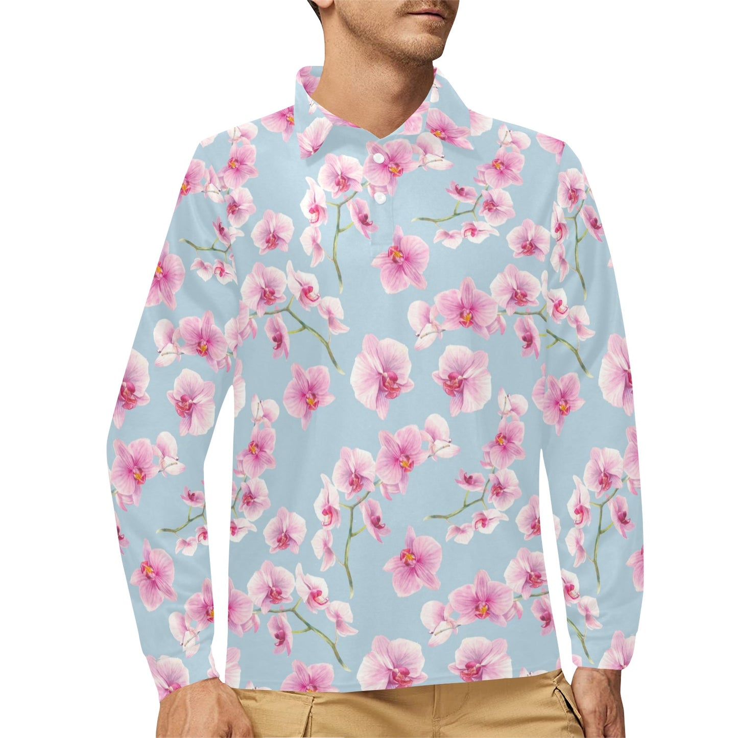 Orchid Pattern Print Design A01 Long Sleeve Polo Shirt For Men's