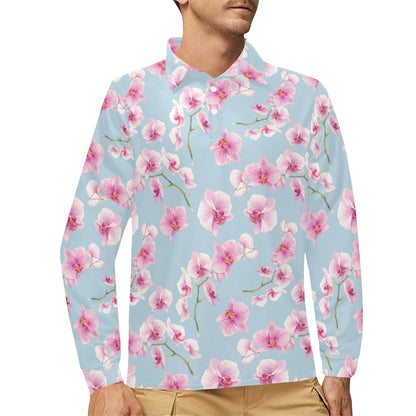 Orchid Pattern Print Design A01 Long Sleeve Polo Shirt For Men's