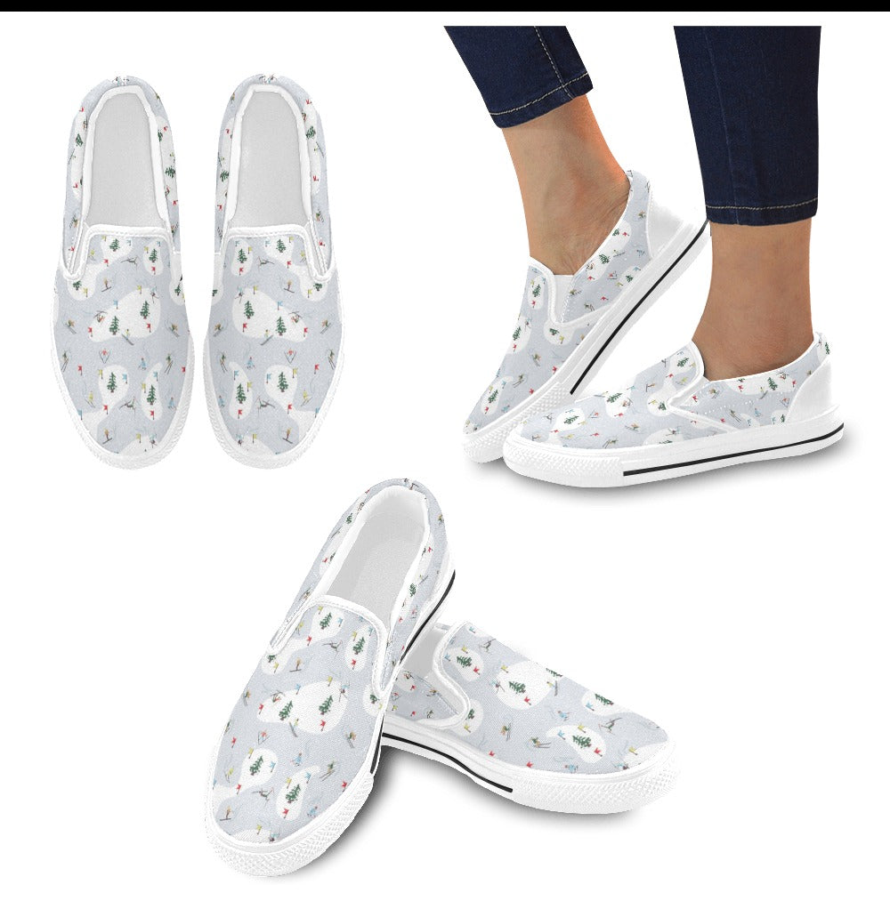 Ski Print Design LKS305 White Slip Ons Canvas Women's Shoes