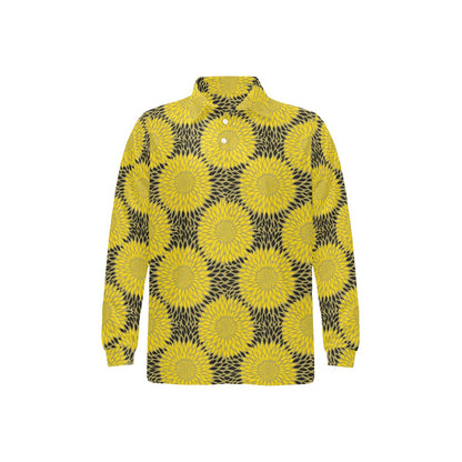 Sunflower Pattern Print Design SF06 Long Sleeve Polo Shirt For Men's