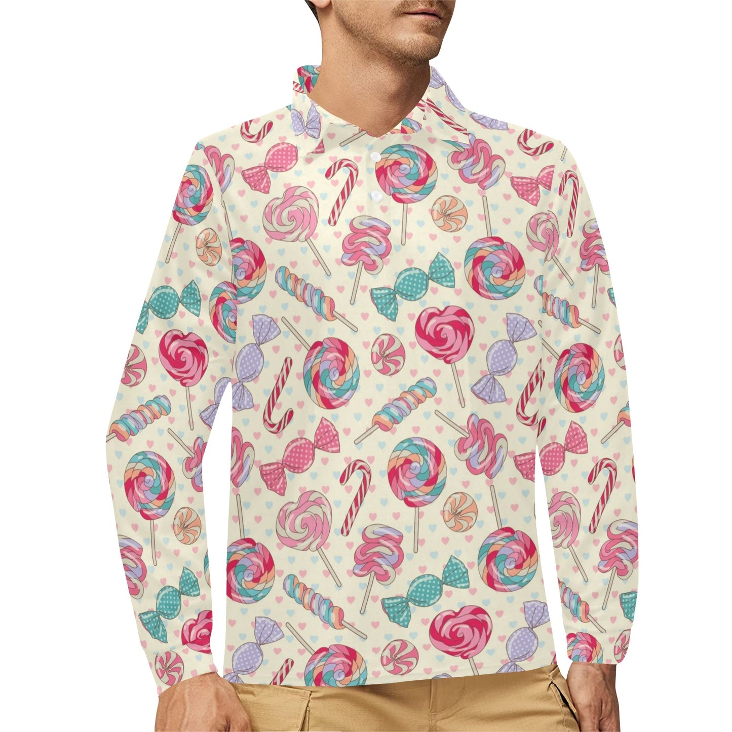 Candy Pattern Print Design CA04 Long Sleeve Polo Shirt For Men's