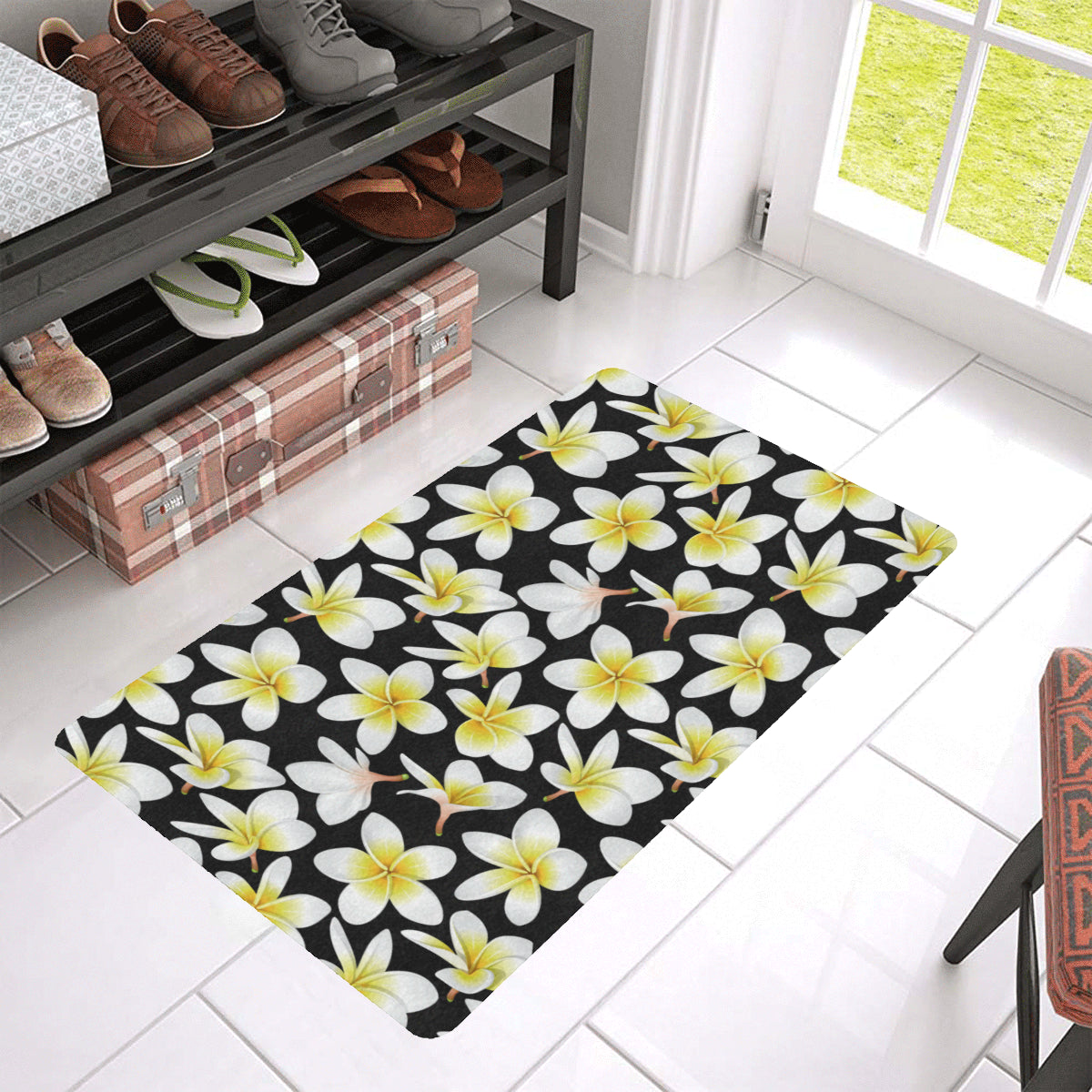 Yellow Plumeria Hawaiian Flowers Rubber Doormat