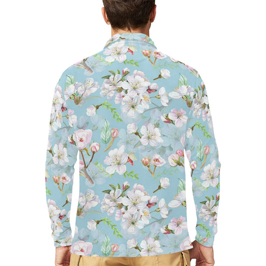 Apple blossom Pattern Print Design AB06 Long Sleeve Polo Shirt For Men's