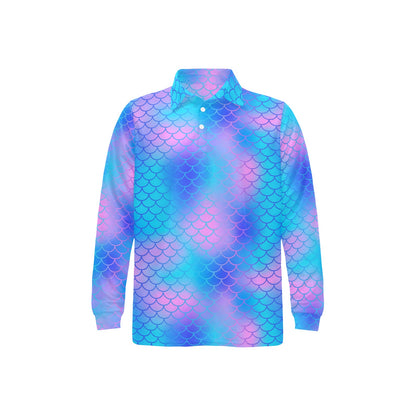Mermaid Scales Pattern Print Design 04 Long Sleeve Polo Shirt For Men's