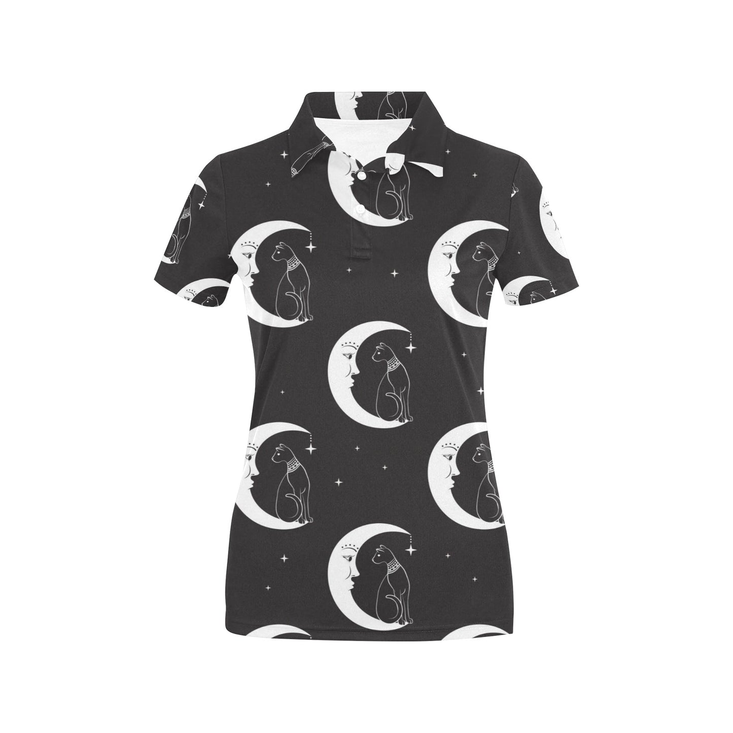Moon with Cat Pattern Print Design 04 Women's Polo Shirt