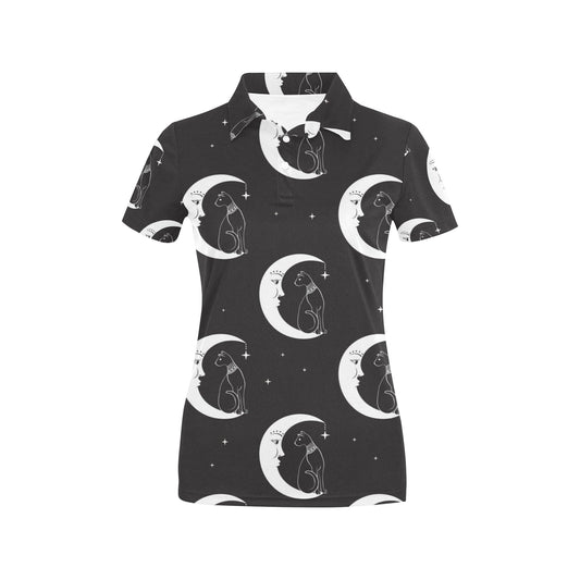 Moon with Cat Pattern Print Design 04 Women's Polo Shirt