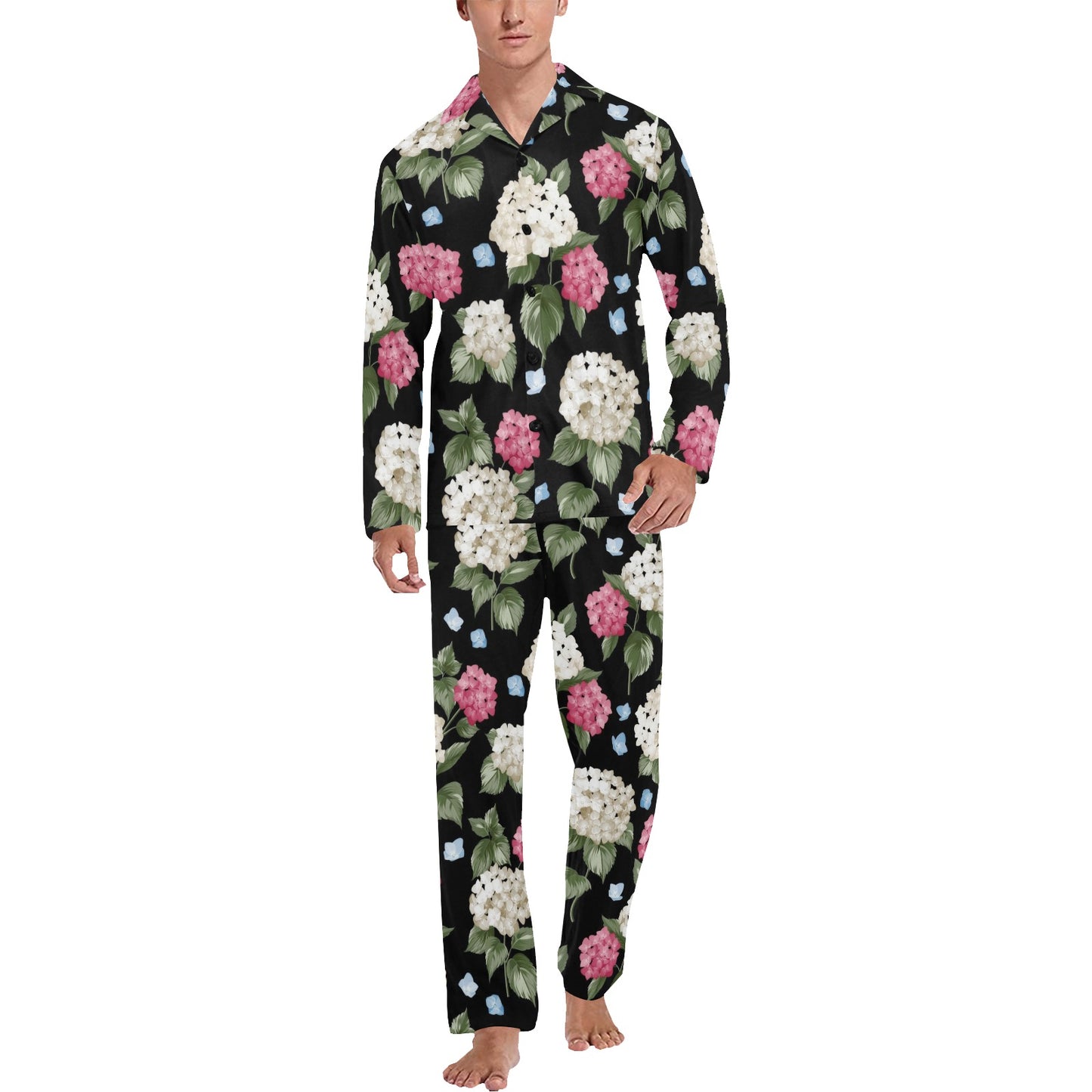 Hydrangea Pattern Print Design HD09 Men's Long Pajama Set