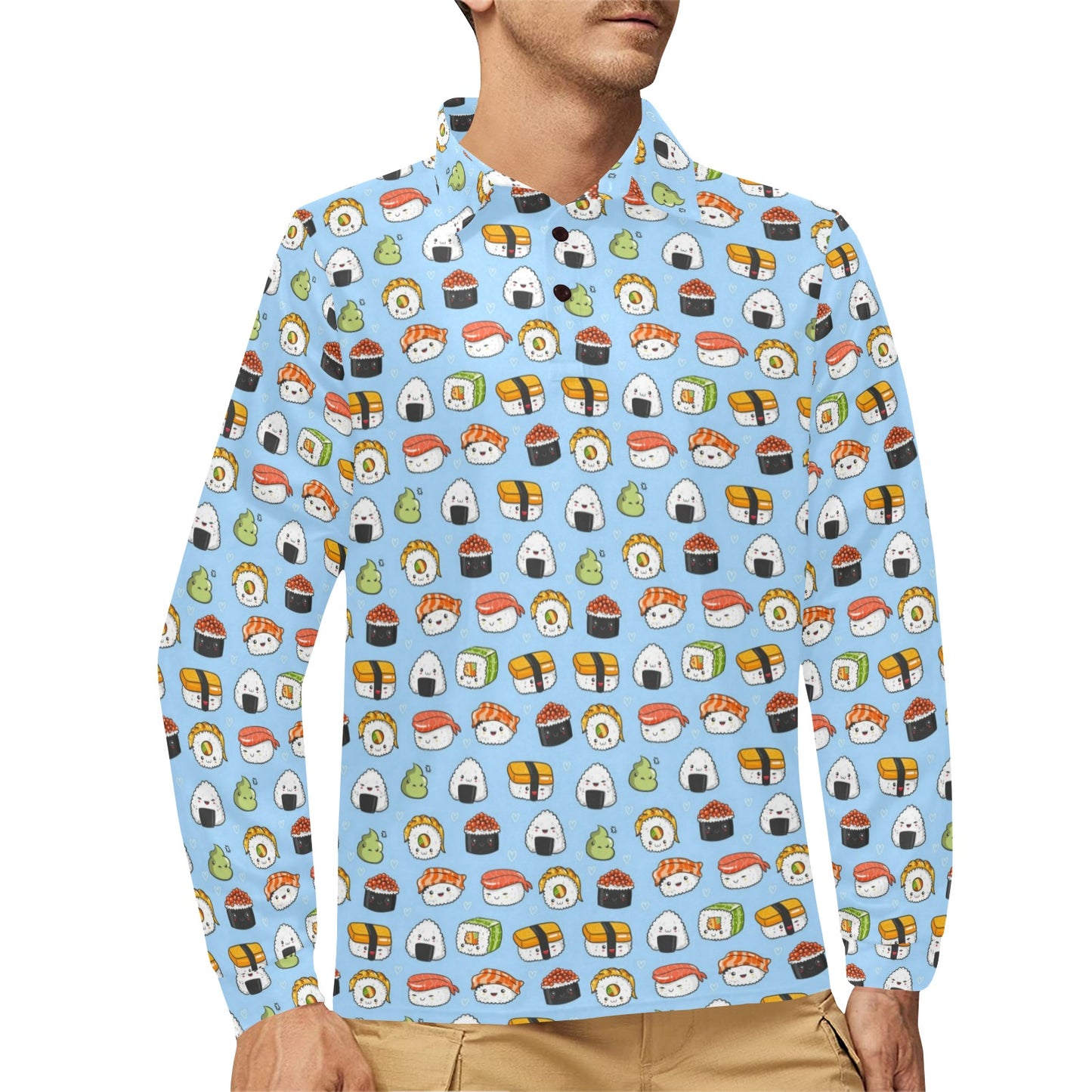 Sushi Cartoon Design Long Sleeve Polo Shirt For Men's