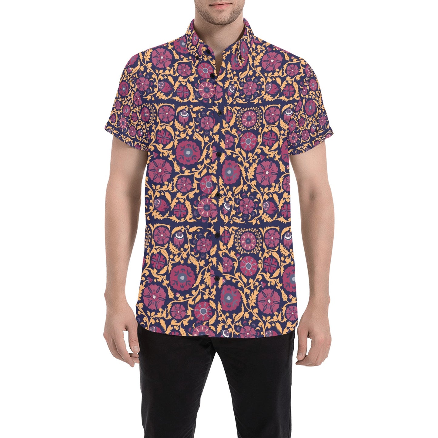 Suzani Print Design LKS303 Men Short Sleeve Button Up Shirt
