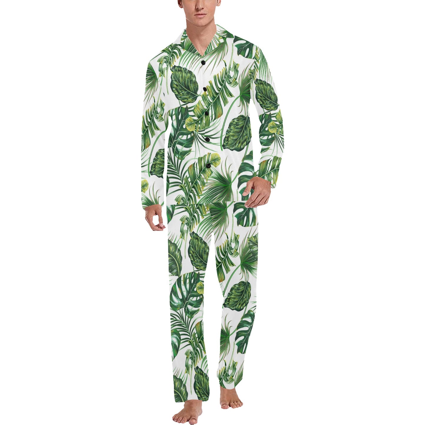 Green Pattern Tropical Palm Leaves Men's Long Pajama Set