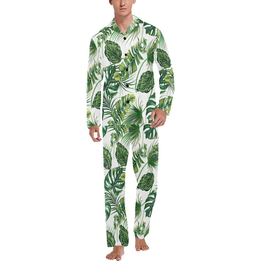 Green Pattern Tropical Palm Leaves Men's Long Pajama Set