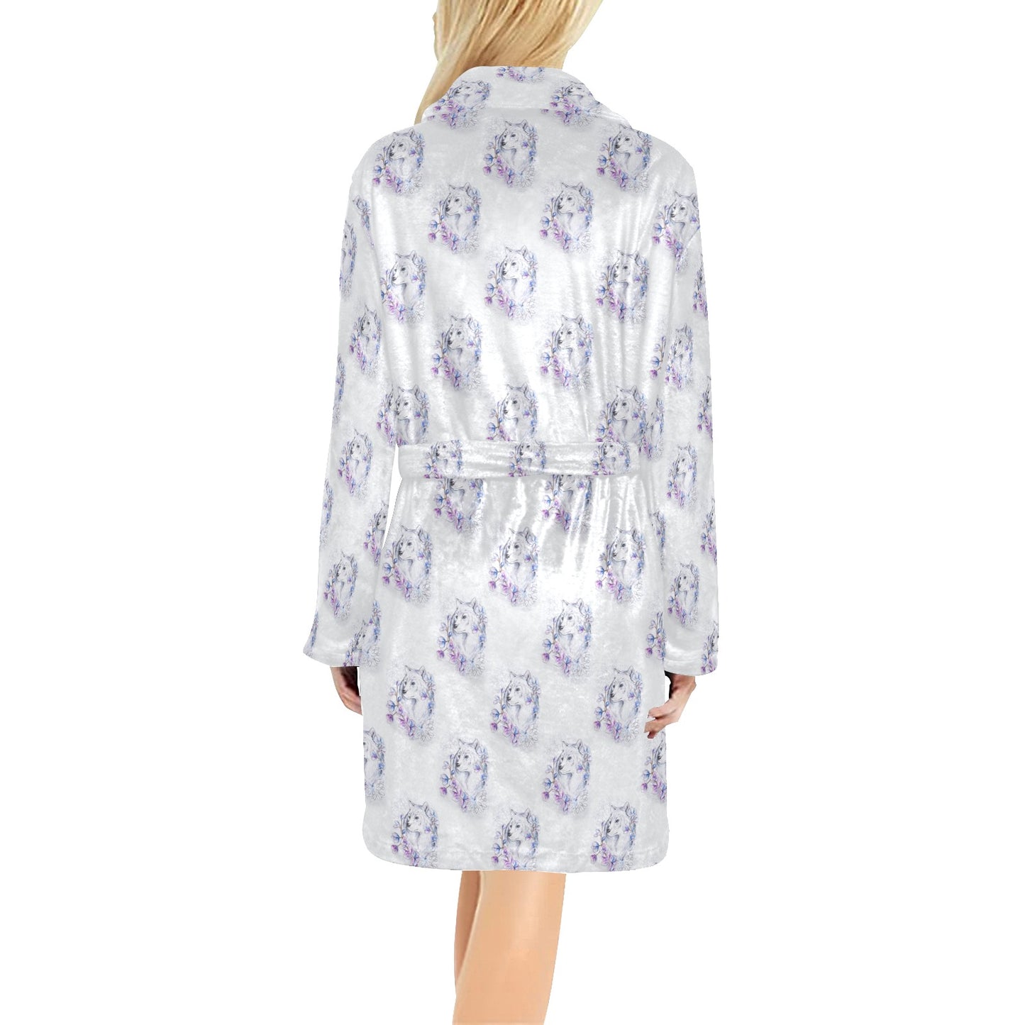 Wolf with Flower Print Design Women's Fleece Robe
