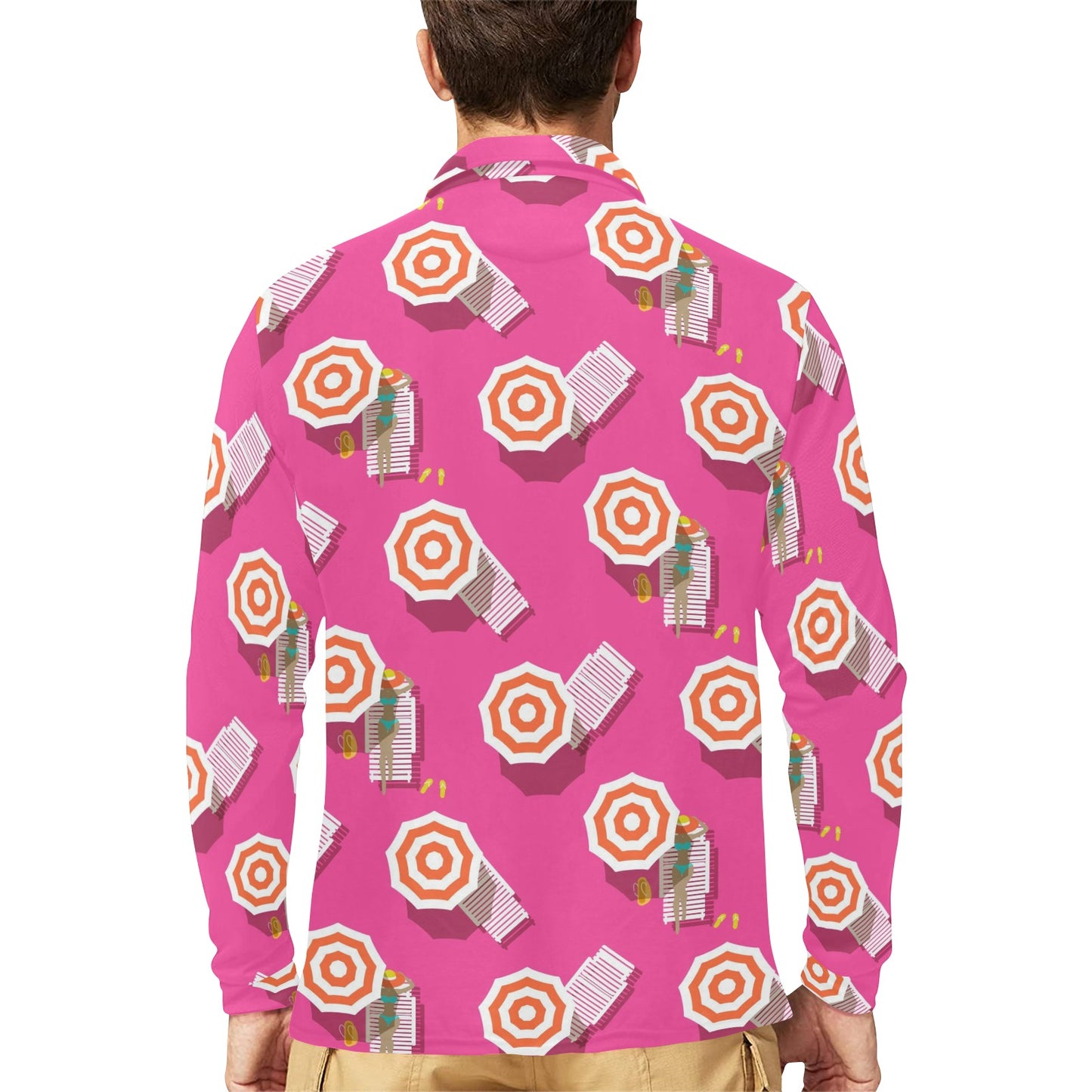 Beach Top View Umbrella Theme Long Sleeve Polo Shirt For Men's