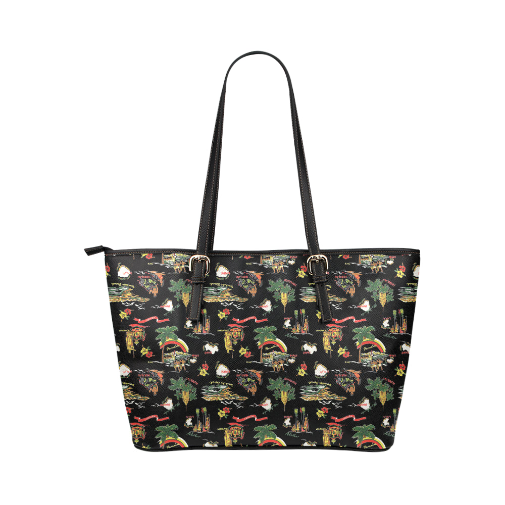 Hawaiian Island Themed Print Leather Tote Bag