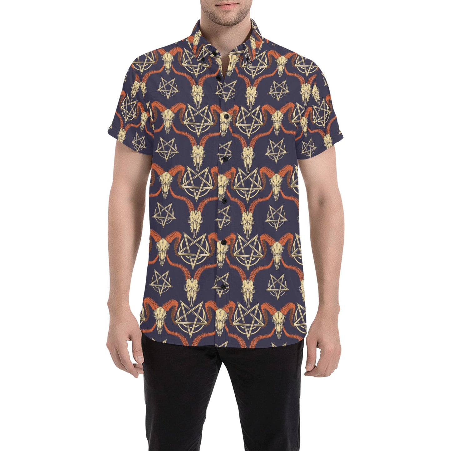 Buffalo Head Print Design LKS403 Men Short Sleeve Button Up Shirt