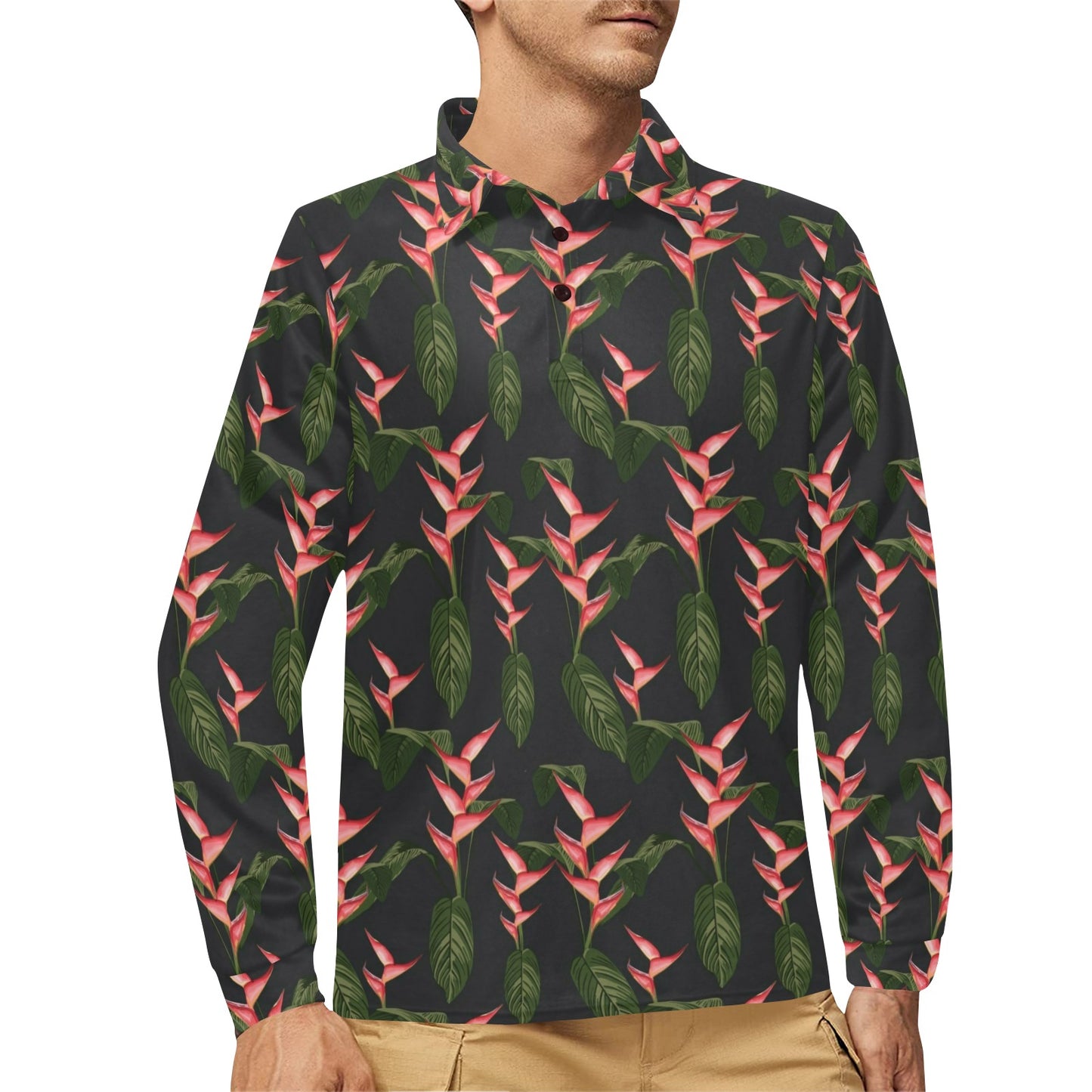 Heliconia Pattern Print Design HL07 Long Sleeve Polo Shirt For Men's