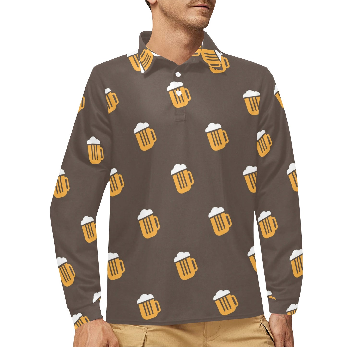 Beer Pattern Print Design 01 Long Sleeve Polo Shirt For Men's