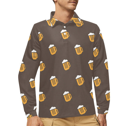 Beer Pattern Print Design 01 Long Sleeve Polo Shirt For Men's