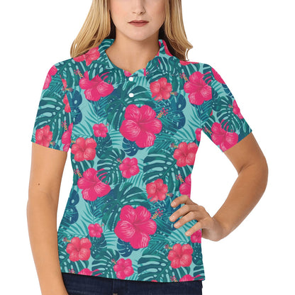 Red Hibiscus Pattern Print Design HB017 Women's Polo Shirt
