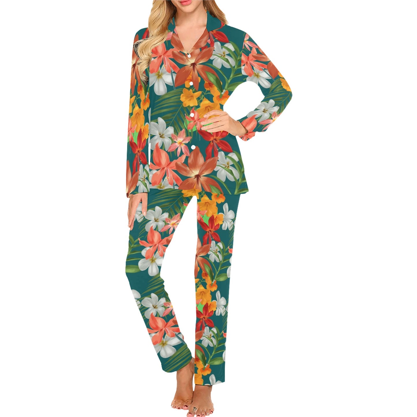 Amaryllis Pattern Print Design AL06 Women's Long Pajama Set