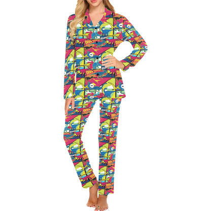 Dinosaur Comic Pop Art Style Women's Long Pajama Set