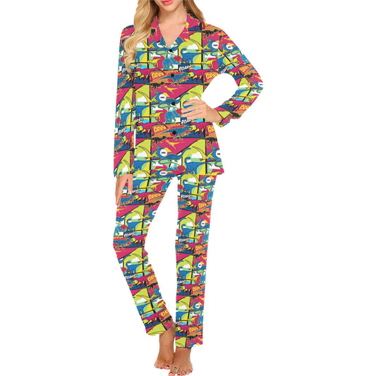 Dinosaur Comic Pop Art Style Women's Long Pajama Set