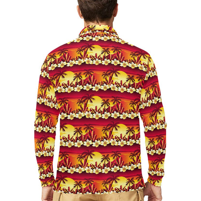Hawaiian Tropical Sunset Hibiscus Print Long Sleeve Polo Shirt For Men's