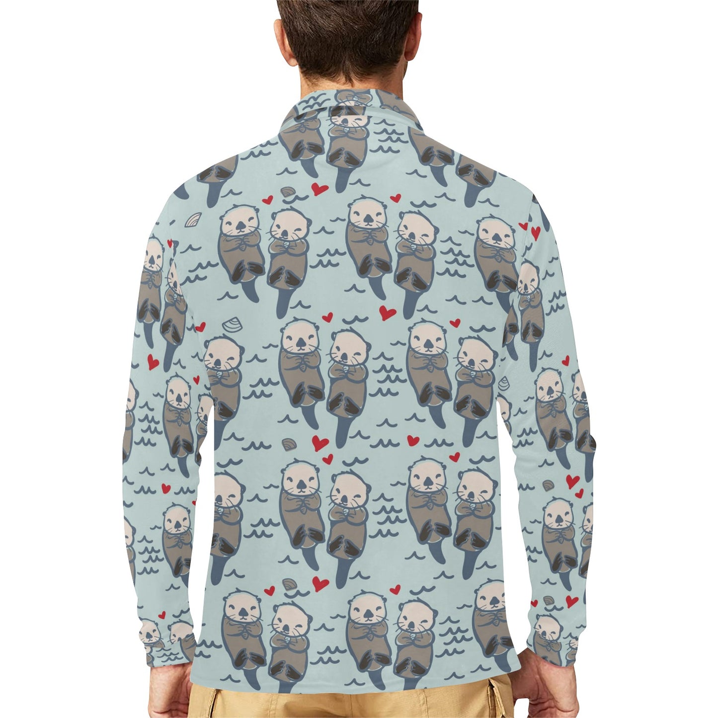 Sea Otter Pattern Print Design 03 Long Sleeve Polo Shirt For Men's