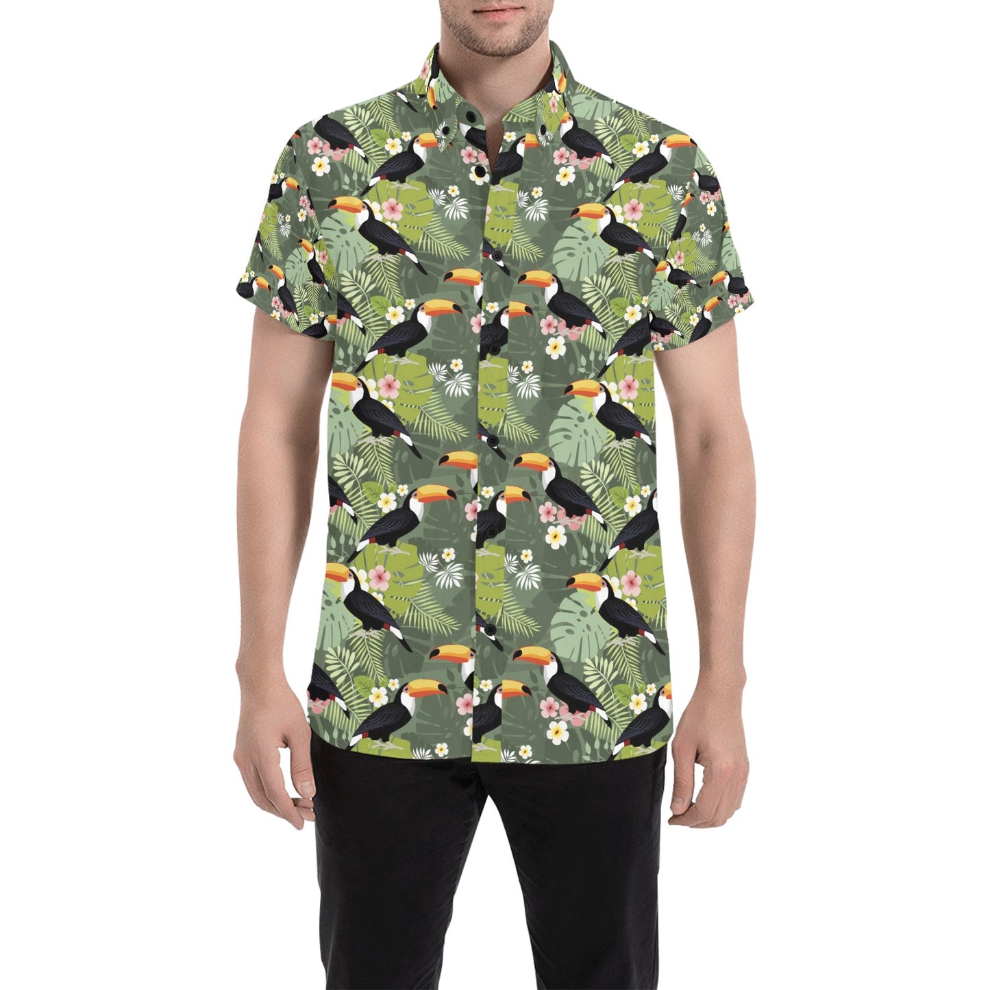 Toucan Print Design LKS304 Men Short Sleeve Button Up Shirt