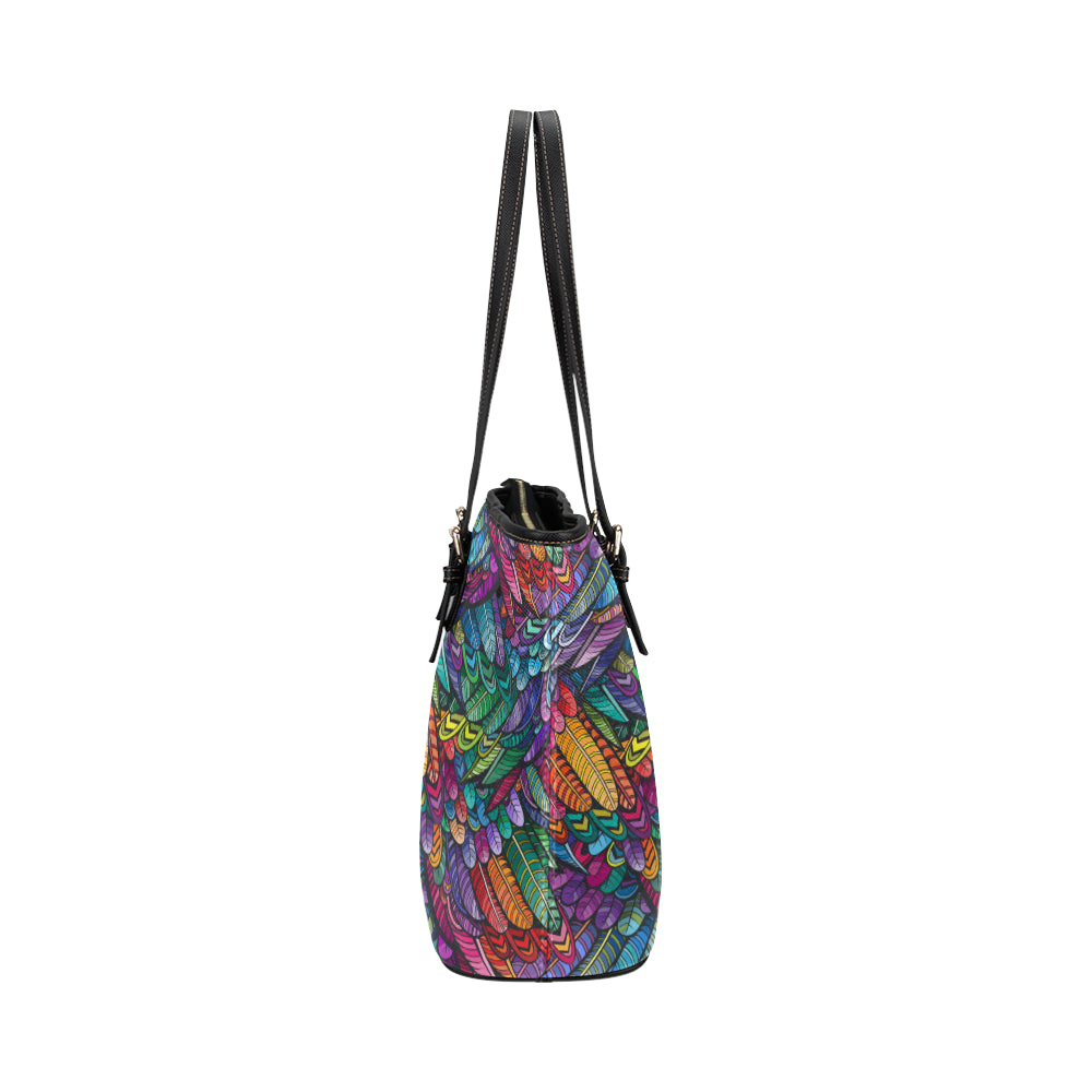 Feather Multicolor Design Print Leather Tote Bag