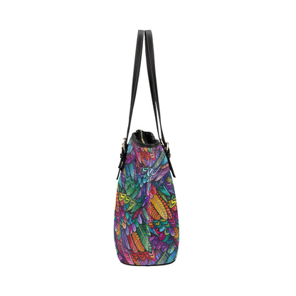 Feather Multicolor Design Print Leather Tote Bag
