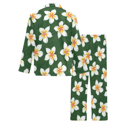 White Plumeria Pattern Print Design PM020 Men's Long Pajama Set