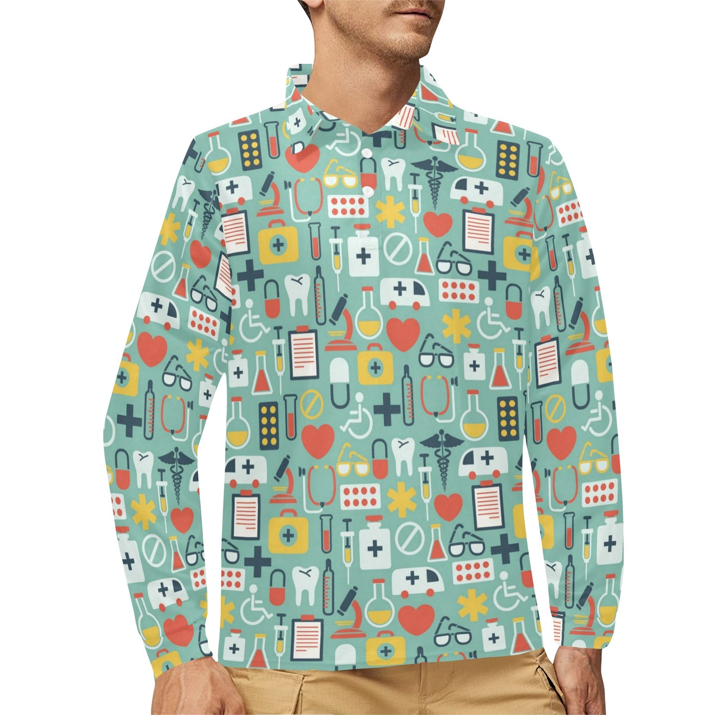 Medical Pattern Print Design 02 Long Sleeve Polo Shirt For Men's
