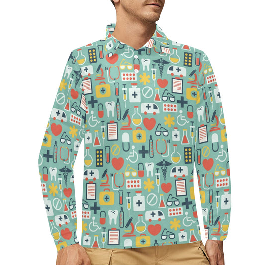 Medical Pattern Print Design 02 Long Sleeve Polo Shirt For Men's