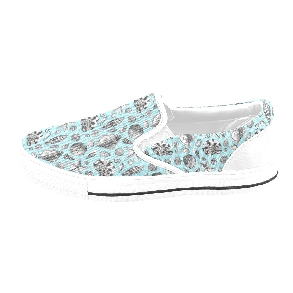 Seashell Beach Print Design LKS302 White Slip Ons Canvas Women's Shoes