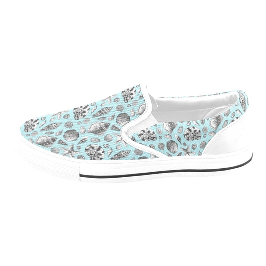 Seashell Beach Print Design LKS302 White Slip Ons Canvas Women's Shoes