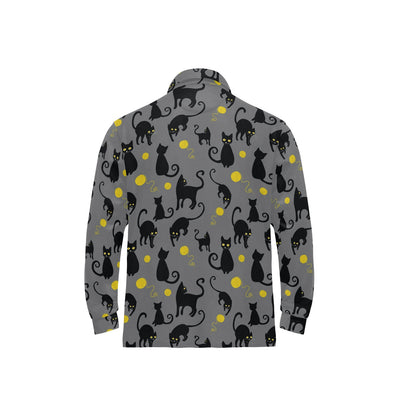 Black Cat Yellow Yarn Print Pattern Long Sleeve Polo Shirt For Men's