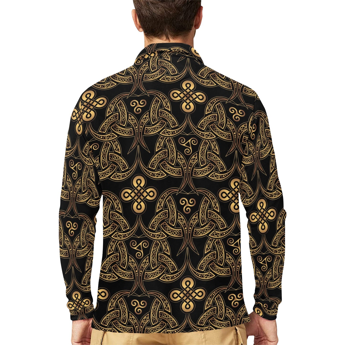 Celtic Knot Gold Design Long Sleeve Polo Shirt For Men's