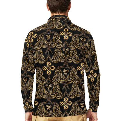 Celtic Knot Gold Design Long Sleeve Polo Shirt For Men's