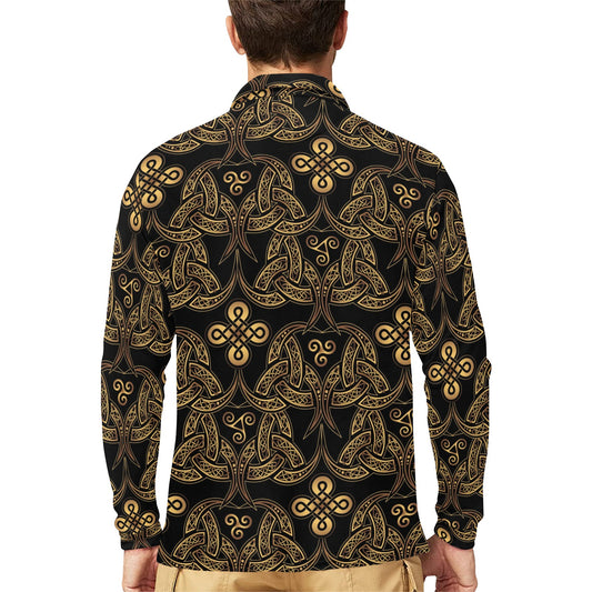 Celtic Knot Gold Design Long Sleeve Polo Shirt For Men's