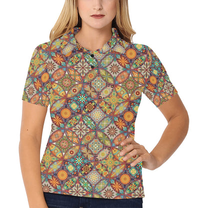 Mandala Flower Themed Design Print Women's Polo Shirt