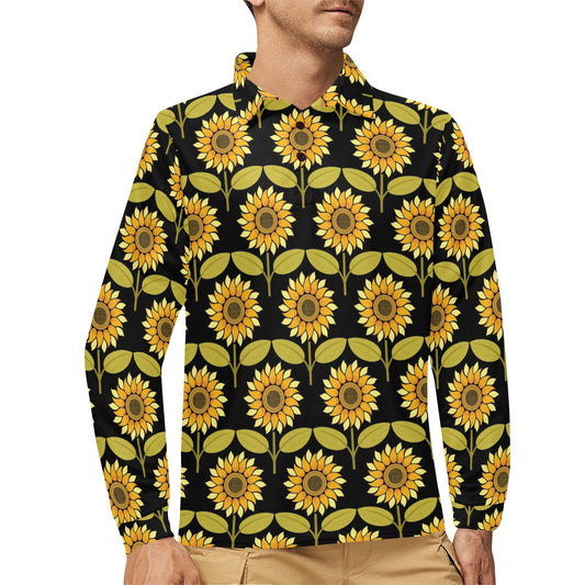 Sunflower Pattern Print Design SF015 Long Sleeve Polo Shirt For Men's